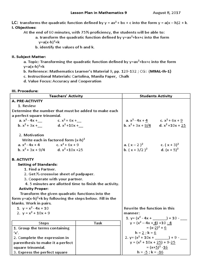 Lesson Plan In Mathematics 9 August 8 Docx Function Mathematics Education Theory