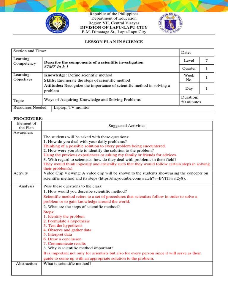 Lesson Plan: Scientific Method for Grade 7 | PDF | Scientific Method ...