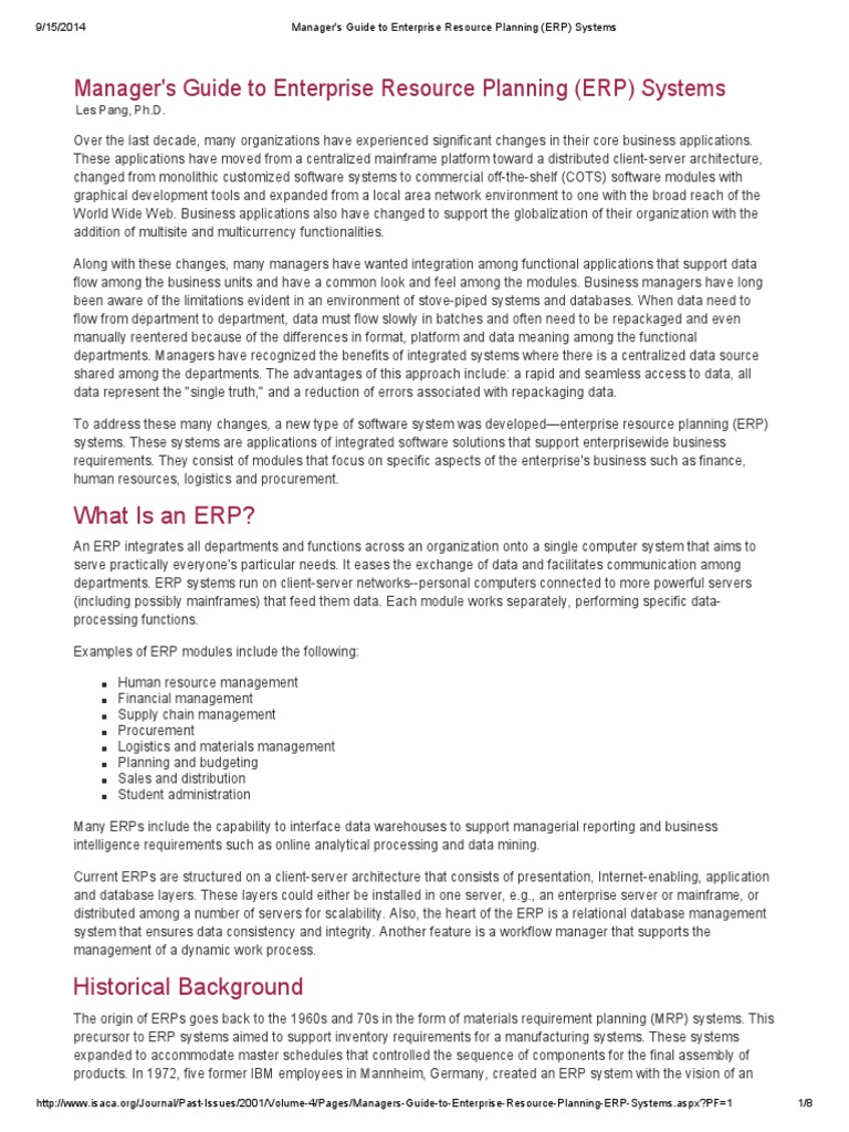 ISACA Managers Guide To Enterprise Resource Planning (ERP) Systems | PDF