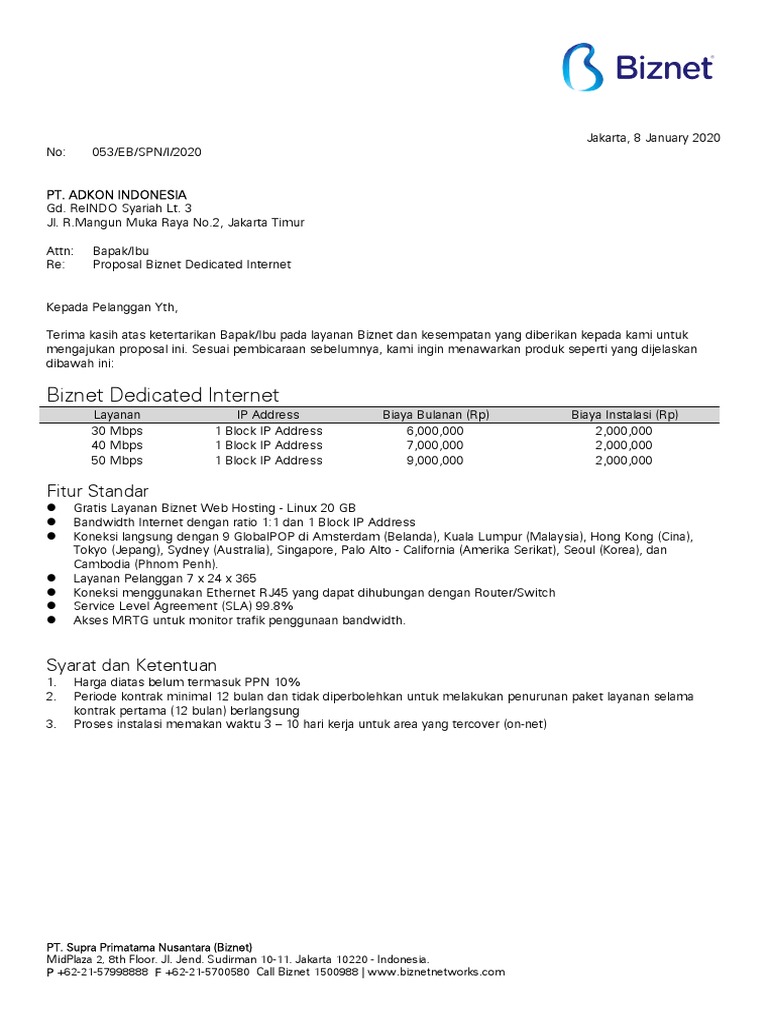 Proposal Biznet Dedicated Internet Pt Adkon Indonesia