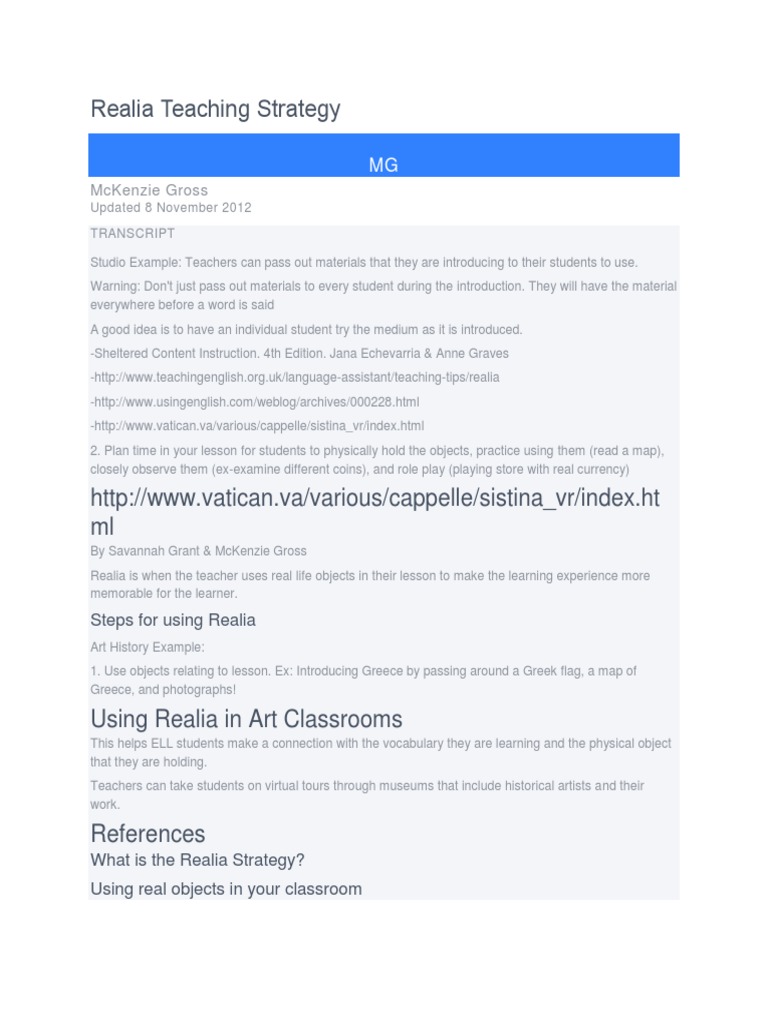 Realia Teaching Strategy PDF Teaching Method Cognition