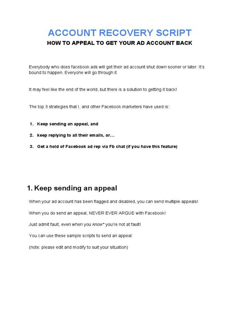 Facebook Ad Account Recovery Script | PDF | Human–Computer Interaction ...