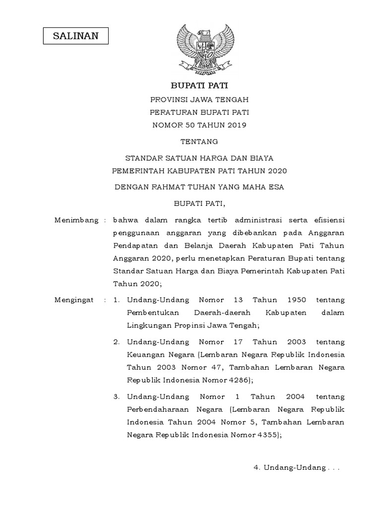 Perbup 50 Th 2019 Standar Satuan Harga Dan Biaya Tahun 2020