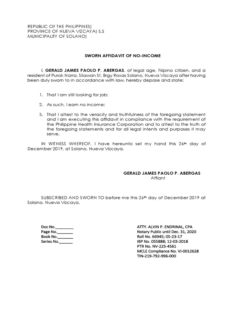 Affidavit of No Income by Abergas | PDF