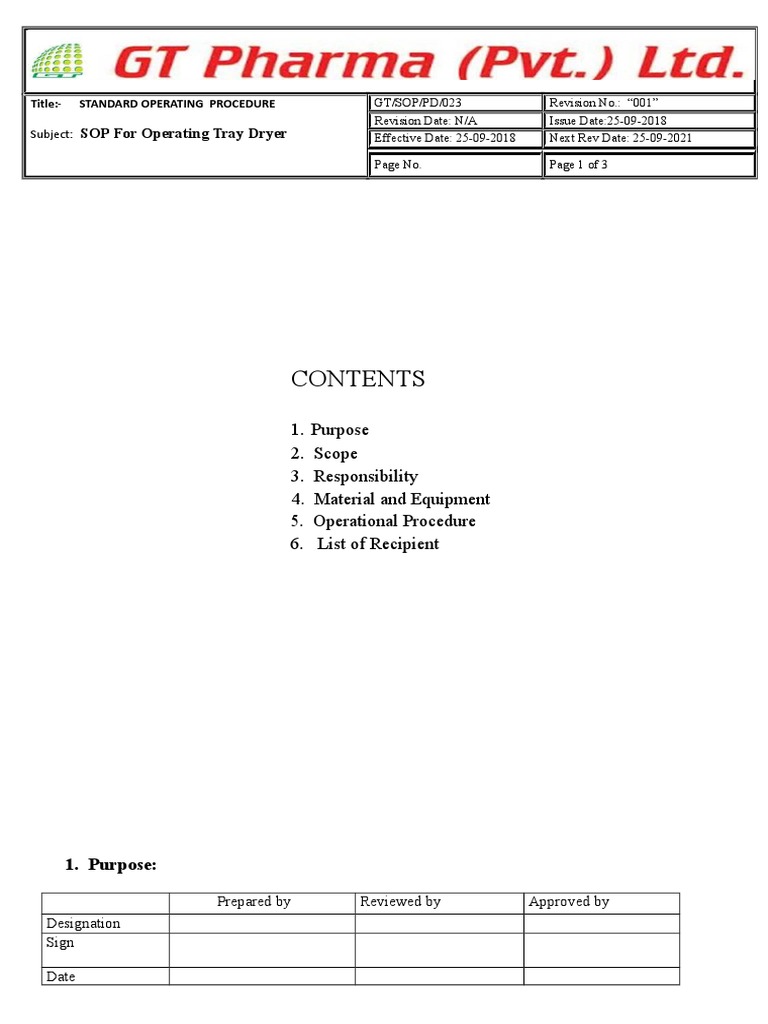 Sop For Operating Tray Dryer PDF