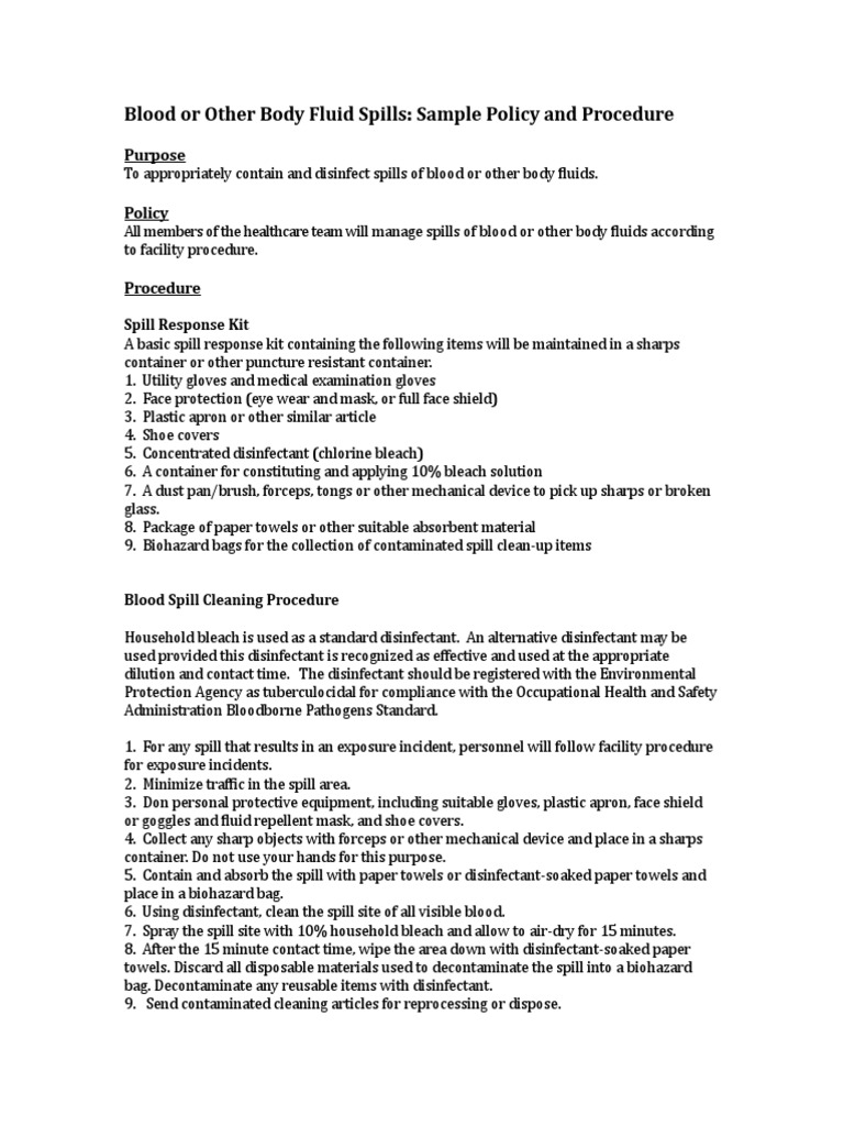 Blood or Other Body Fluid Spills Policy and Procedure Template