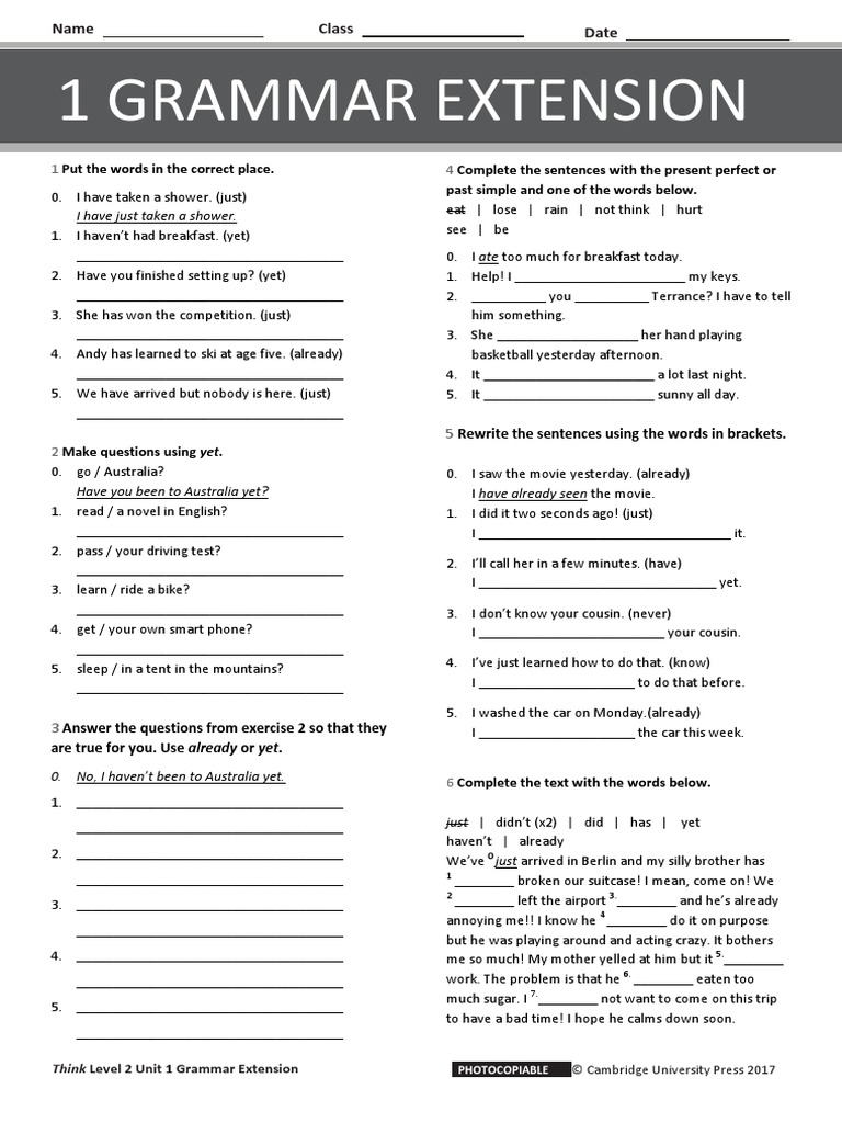 THINK L2 Unit 1 Grammar Extension PDF