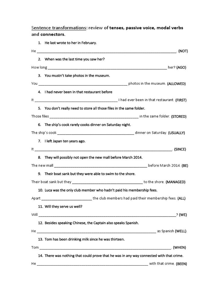 B1 Sentence Transformation Exercises | PDF | Languages | Language Arts ...