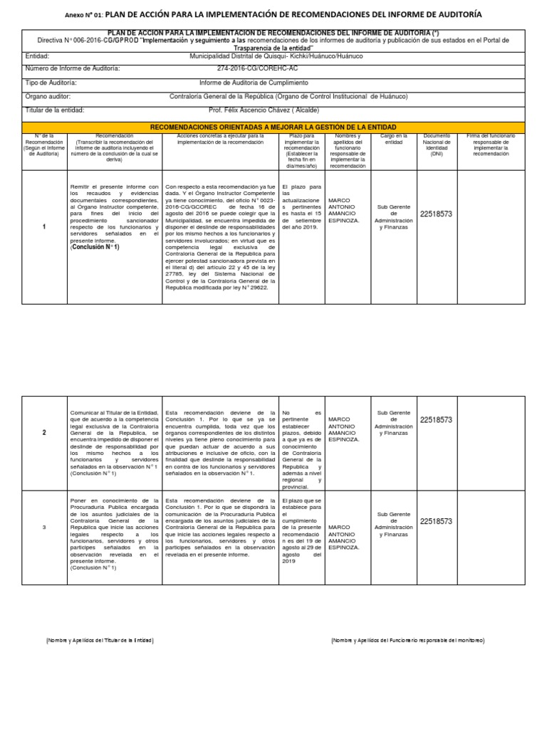 Plan de Acción para Recomendaciones de Auditoría | PDF | Negocios ...