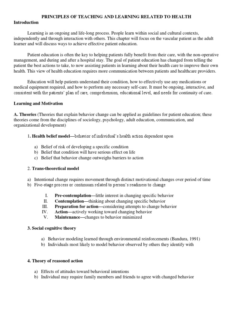 Principles of Health Education in Nursing | PDF
