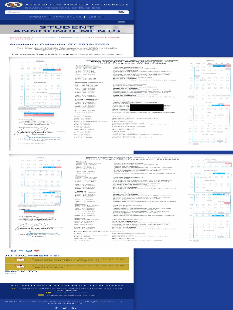 Academic Calendar SY 20192020 Ateneo Graduate School of Business PDF