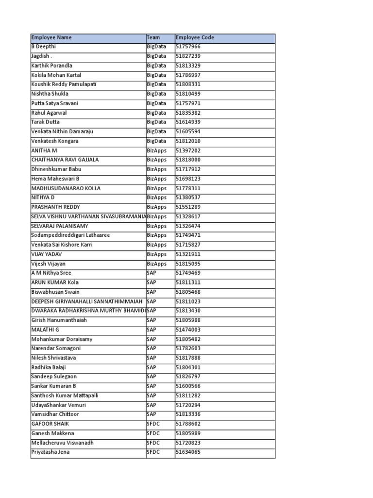 Employee List by Team and Code | PDF
