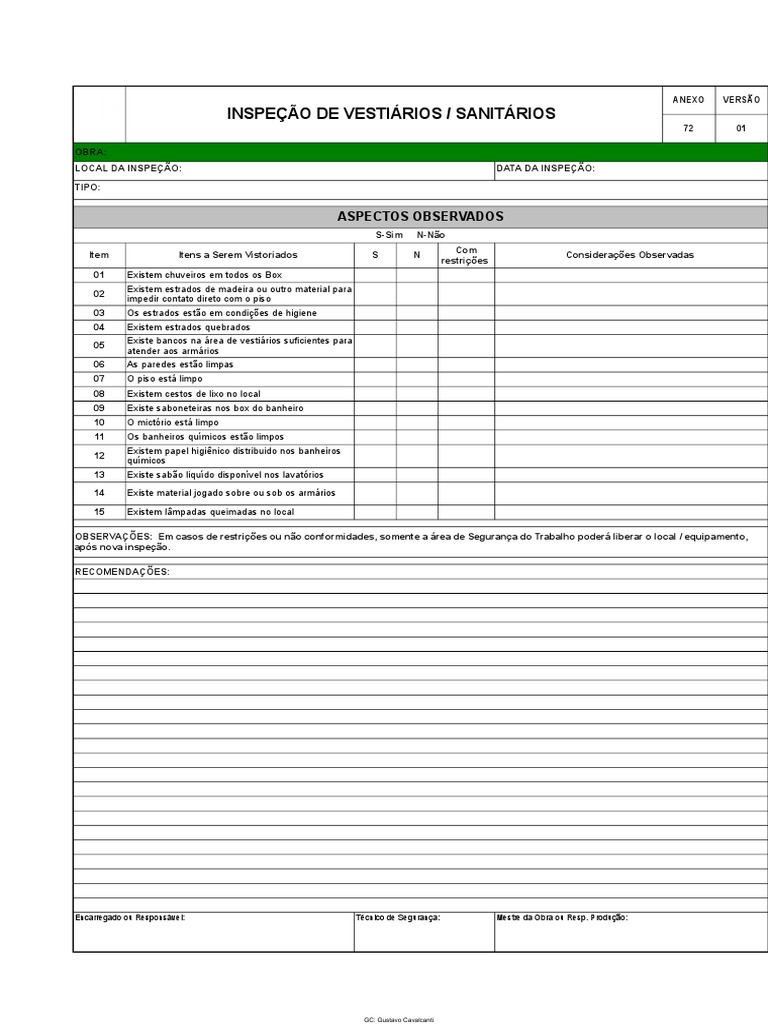 Anexo 72 - Check List - Inspeção de Vestiários e Sanitários V1 SME | PDF