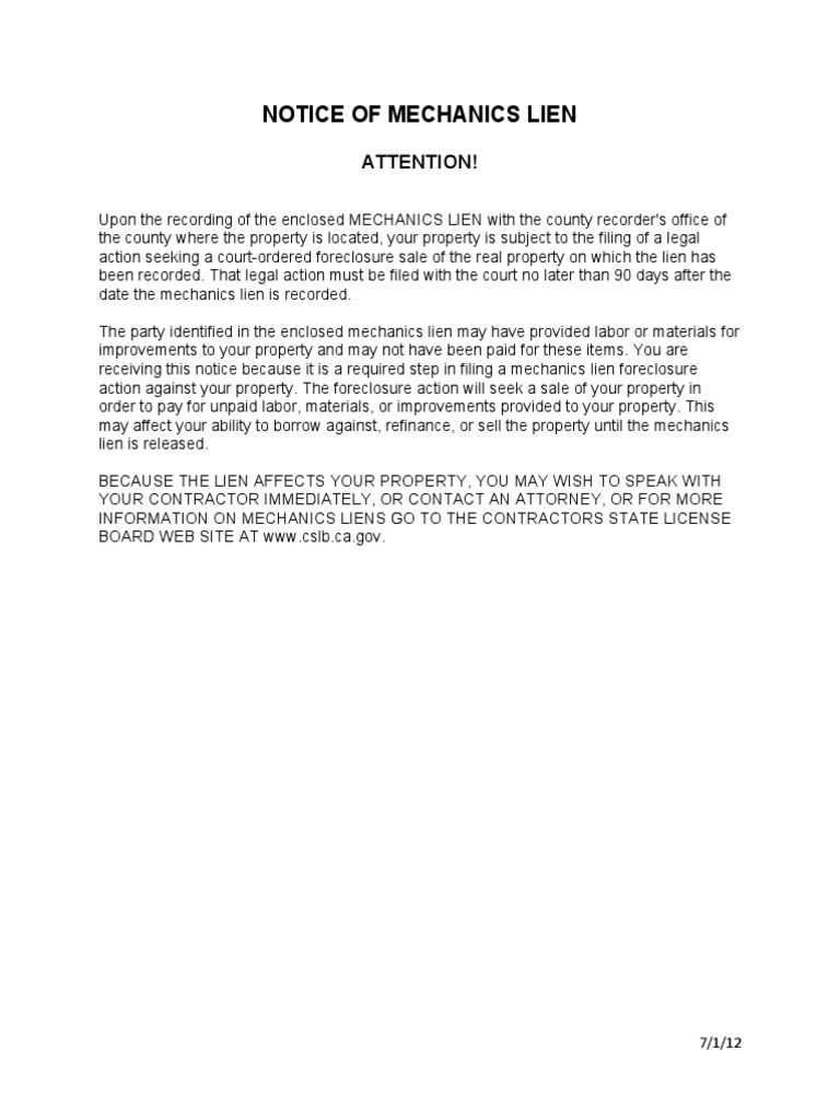Notice Of Mechanics Lien