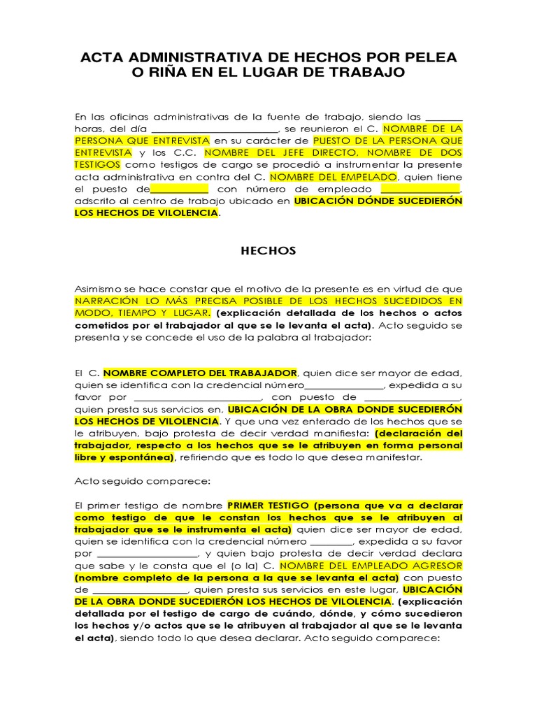 Acta Administrativa de Hechos Por Pelea o Riña PDF