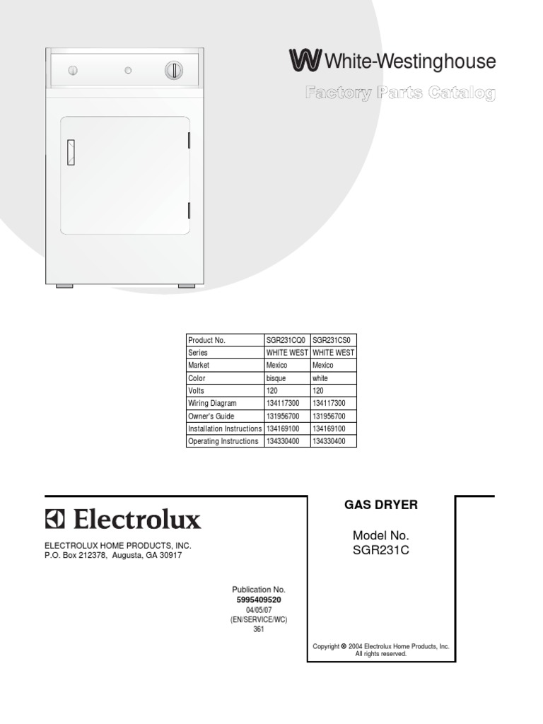 Secadora White Westinghouse Frigidaire SGR231C Despiece PDF