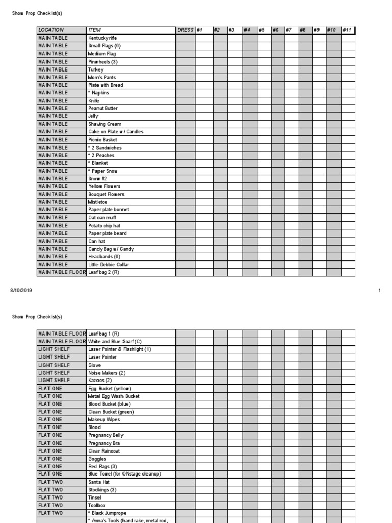 Show Prop Checklist(s) - Pre-Show-2