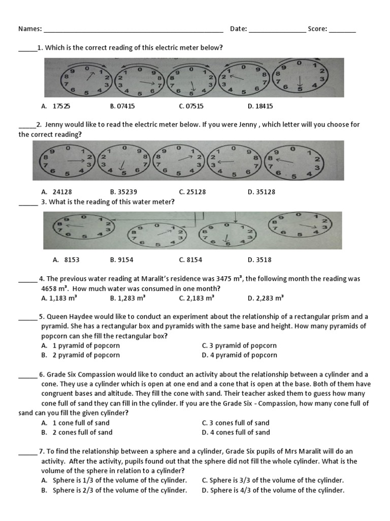 Grade 6 Meter Reading Practice Test | PDF