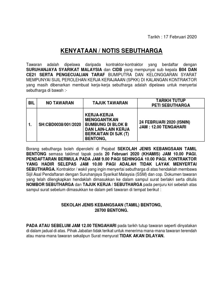 Notis Sebutharga Sjkt Bentong Pdf