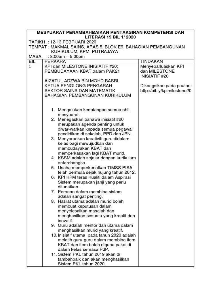 Laporan Mesyuarat Penambahbaikan PKL19 Bil 1 2020 PDF | PDF | Bisnis