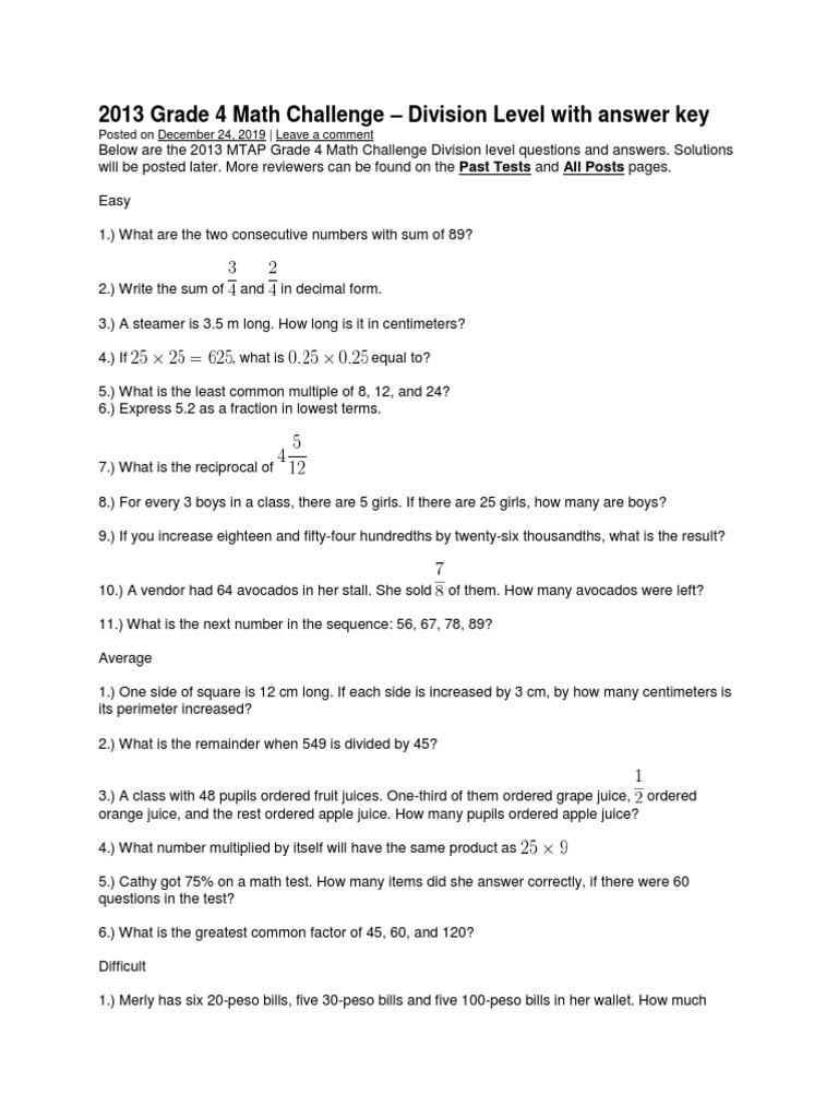 2013 Grade 4 Math Challenge Answers | PDF | Area | Numbers