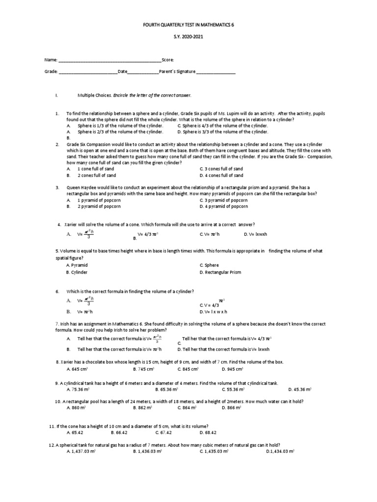 Fourth Quarterly Test in Mathematics 6 | PDF | Volume | Geometry