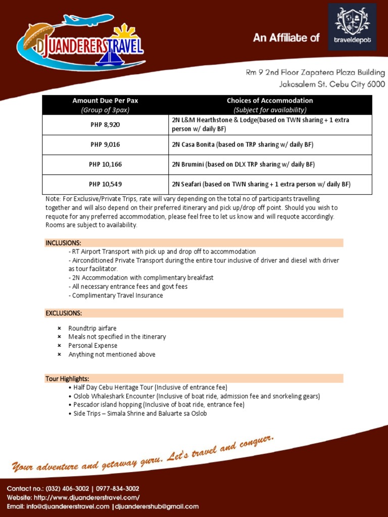 Cebu Tour Package - 3D2N - Itinerary | PDF | Wire Transfer | Cheque