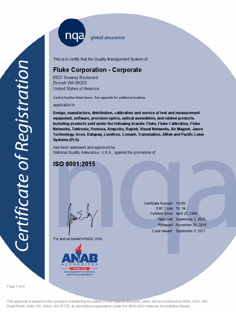 Fluke Corporate ISO 9001 certificate .pdf Calibration Iso 9000