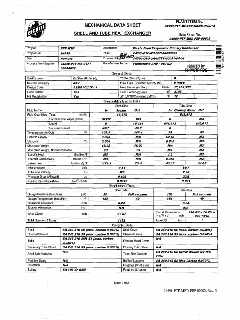 Heat Exchanger Data Sheet Heat Exchanger Chemistry