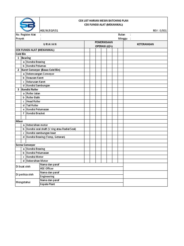 Checklist Harian Batching Plant | PDF