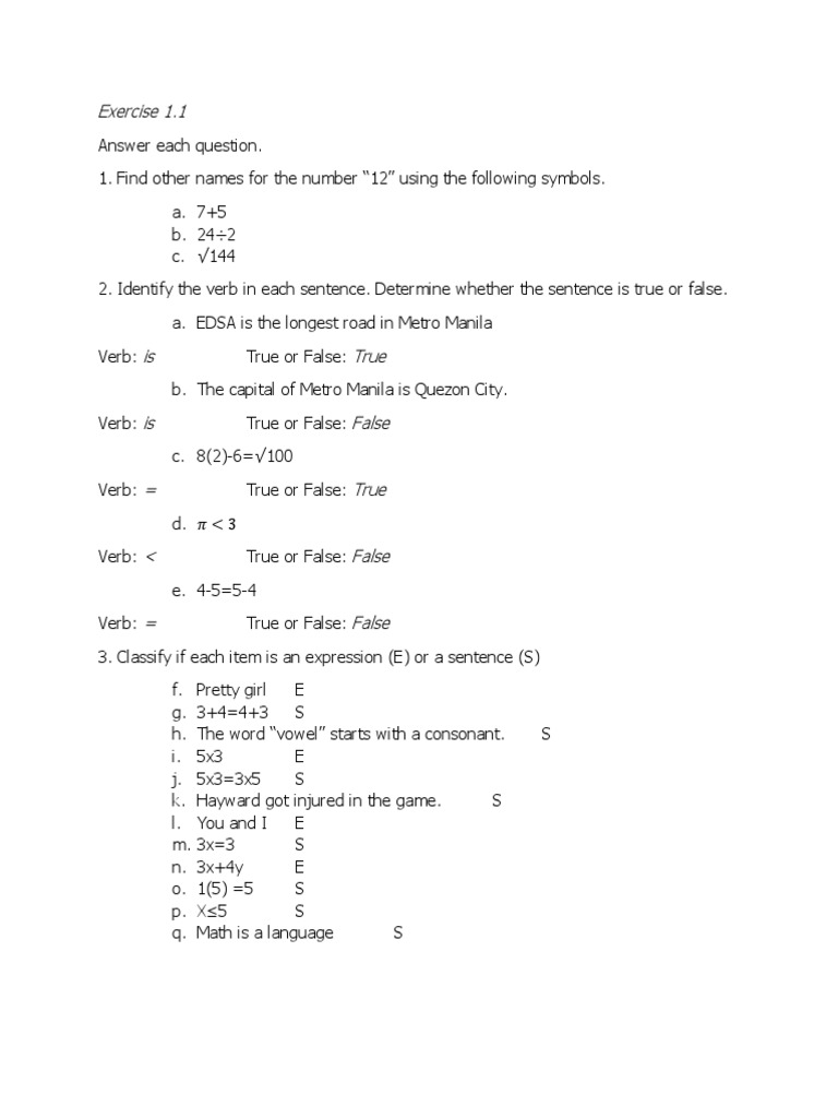 Math Expressions and Sentence Analysis | PDF | Language Arts & Discipline