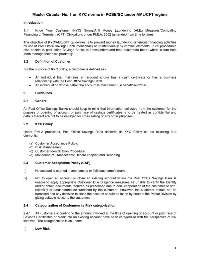 Master Circular No.1 On KYC Norms in POSB PDF | PDF | Identity Document ...
