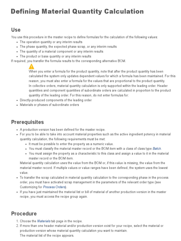 Defining Material Quantity Calculation (SAP Library Production Planning Process Industries