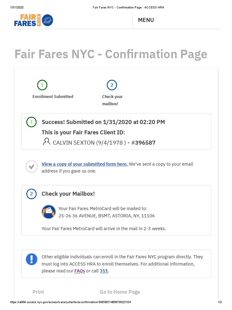 Fair Fares NYC Confirmation Page ACCESS HRA PDF PDF