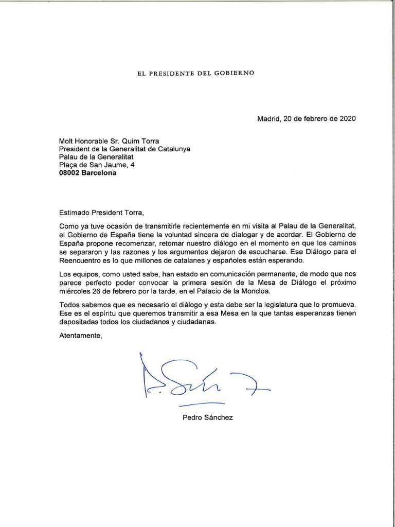 Carta de Sánchez A Torra Sobre La Taula de Diàleg PDF