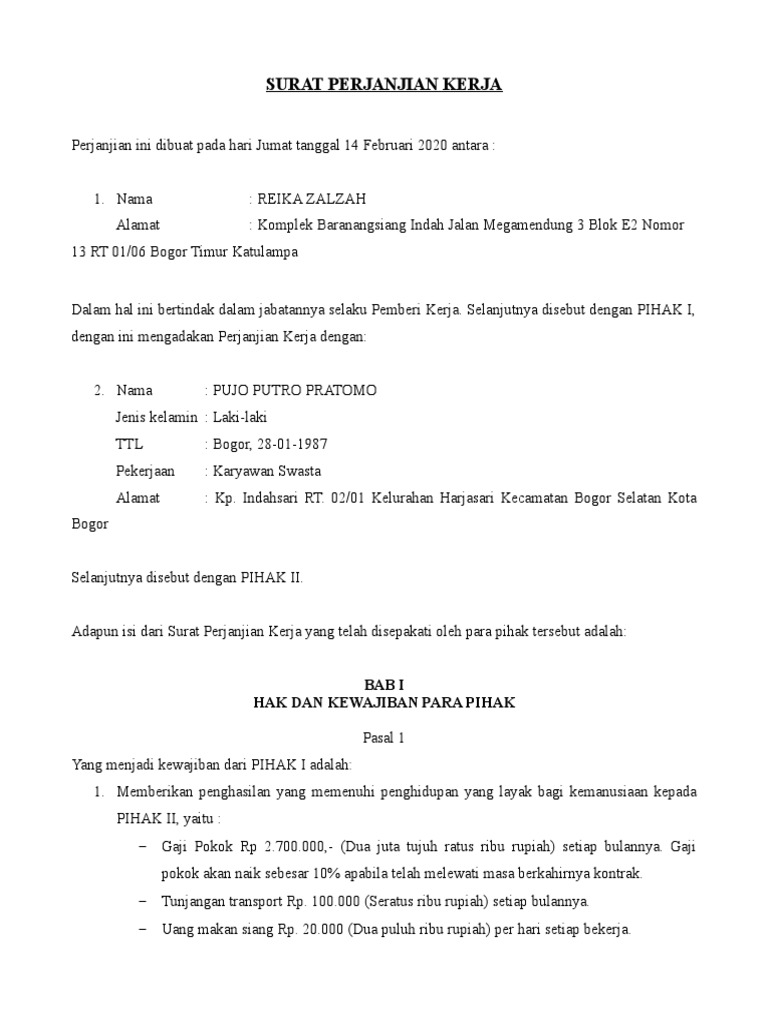 Surat Perjanjian Kerja Supir Pribadi Pdf