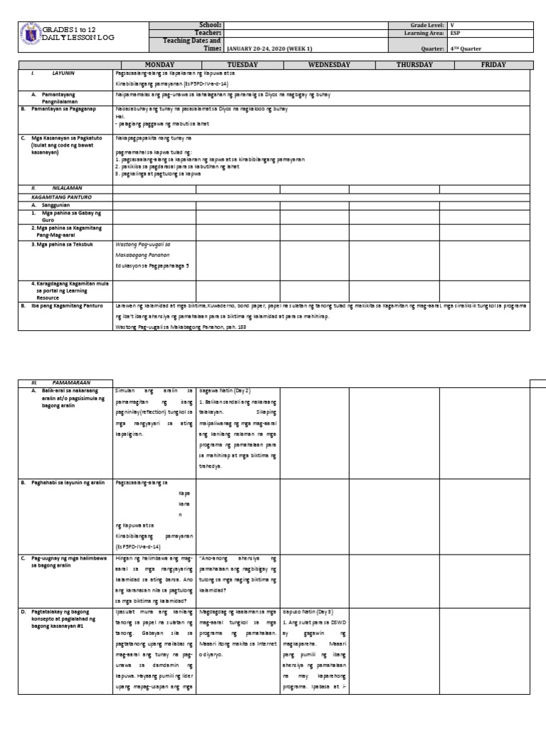 Grade 5 DLL ESP 5 Q4 Week 1 | PDF