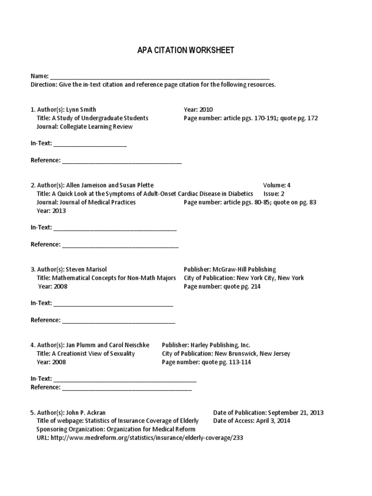 APA Citation Practice Worksheet | PDF | Finance & Money Management ...