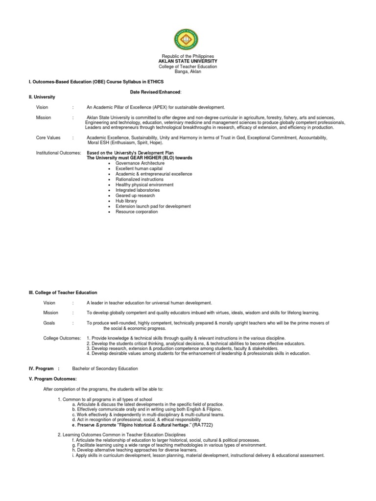 Aklan State University Ethics Syllabus | PDF | Career & Growth