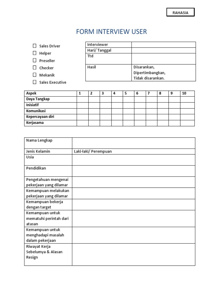 Formulir Wawancara Karyawan Baru | PDF | Karier & Perkembangan