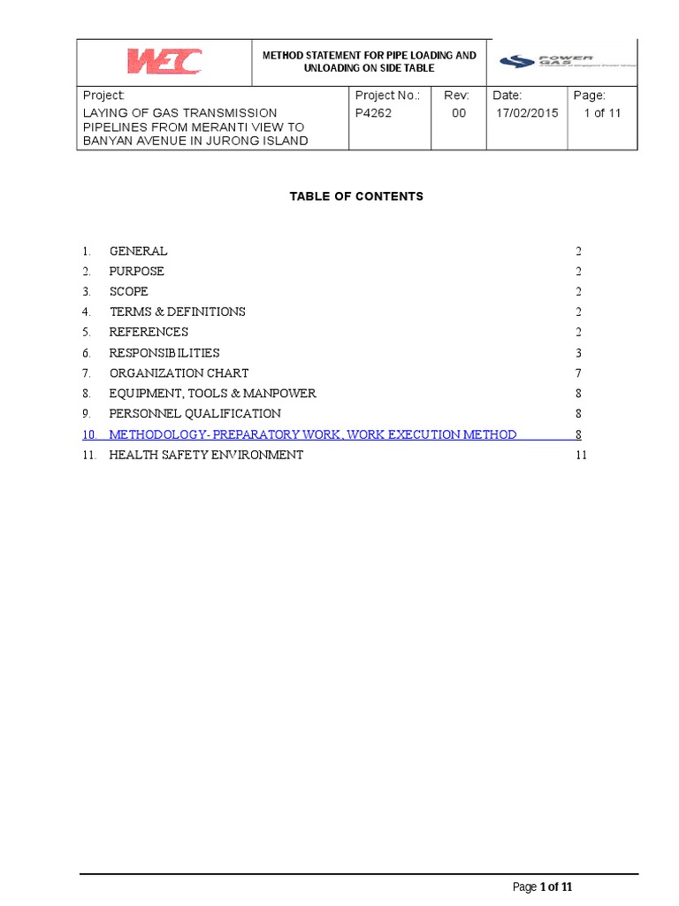Pipe Lifting Method Statement for Gas Project | PDF