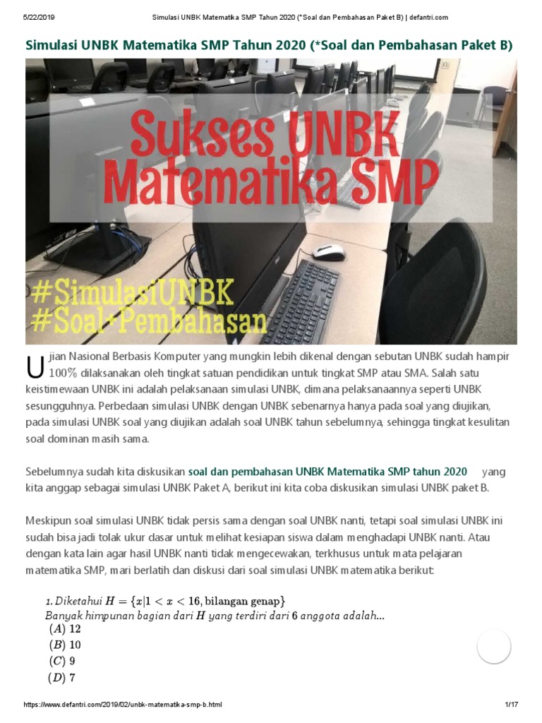 Simulasi Unbk Matematika Smp 2020 Contoh Soal