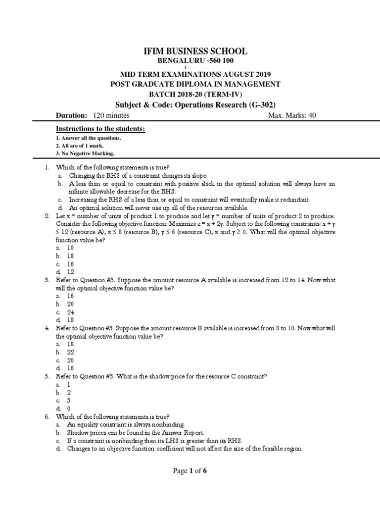 Operations Research Exam Questions 2019 | PDF