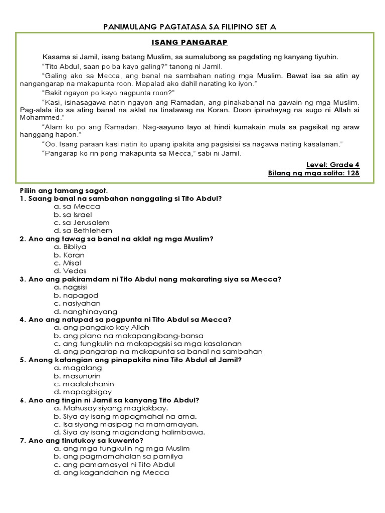 Gr. 4 Pre Test | PDF