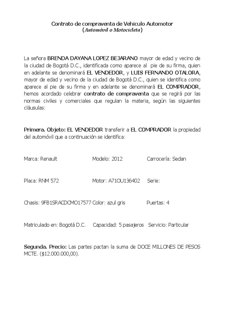 Contrato Compraventa de Carro y Moto | PDF | Negocios | Finanzas y dinero