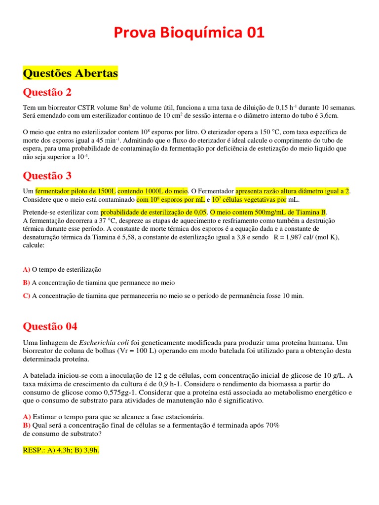 Prova de Bioquímica: Experimentos e Cálculos | PDF