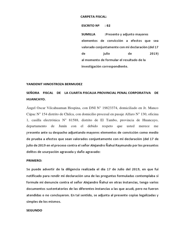 Sumilla: Presento Mayores Elementos de Convicción A Fiscalia. | PDF ...