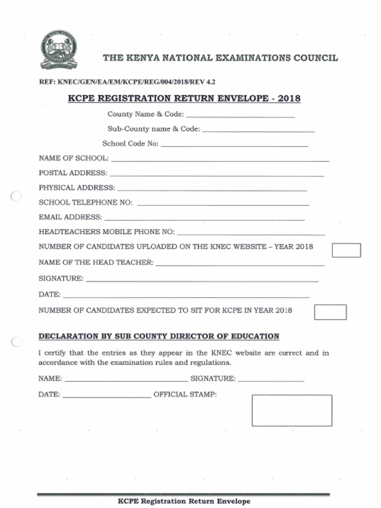 Kcpe Registration Return Envelope 2018 PDF PDF