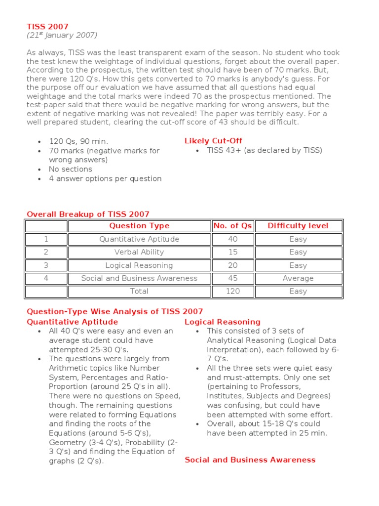 TISS 2007 Exam Analysis and Strategy | PDF | Test (Assessment) | Reason