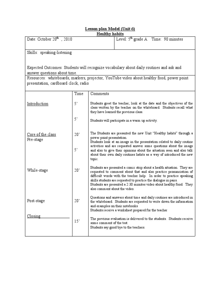 Lesson Plans Unit 6 Healthy Habits PDF